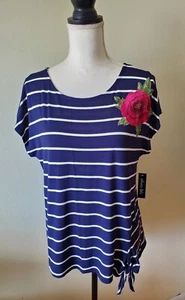 Olivia Blu Women's L Top Short Sleeve Stripped Embroidered Navy Blue/White - Picture 1 of 13