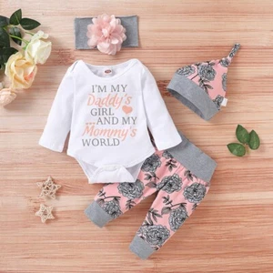 4Pcs 0-18M Baby Girls Romper Tops Floral Pants Headband Hat Clothes Outfit Set - Picture 1 of 10
