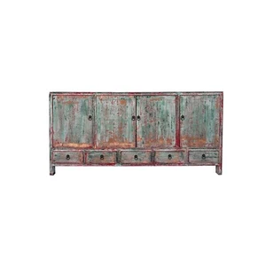 Distressed Refinished Light Teal Green Red Marks Credenza Console Cabinet ws4382 - Picture 1 of 6