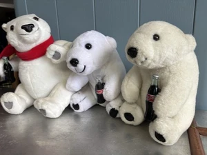 3 x Vintage Coca Cola Plush Polar Bear Red Scarf & Coke Bottle - Picture 1 of 10