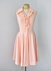 Vtg 60s 70s Mod Peachy Pink Poly Knit Fit Flare Dress Lace Trim Dagger Collar 9 - Picture 1 of 8