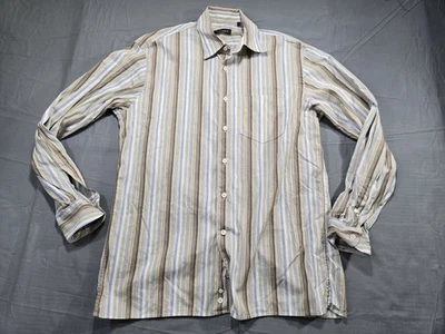 Рубашка Canali мужская большая коричневое платье на пуговицах полоса итальянский хлопок - Изображение 1 из 4