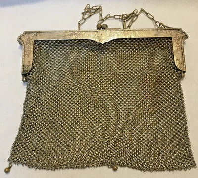VTG Engraved German Sterling Silver 800 Metal Chain Mesh Kiss Lock Handbag Purse - Image 1 of 4