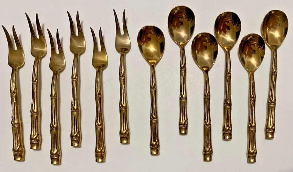 Set da dessert, 6 cucchiaini e 6 forchettine Siamesi in ottone, Design Bamboo - Immagine 1 di 4