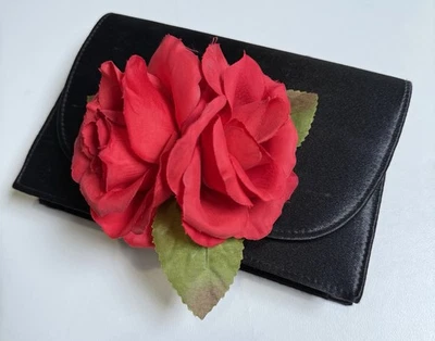 Black Satin Clutch Evening Bag with Red Roses Flowers Accent Cord Strap - Image 1 of 4