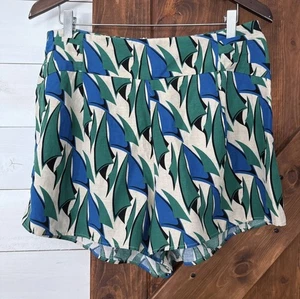 ZARA Shorts Baumwolle Leinenmischung Gr. L Large High Waist Blau Grün Geometrisches Muster - Bild 1 von 5