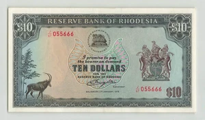 RHODESIA 10 Dollars 1979 P-41a, Original AU, Nice S/N J/67 055666. S2 - Picture 1 of 2