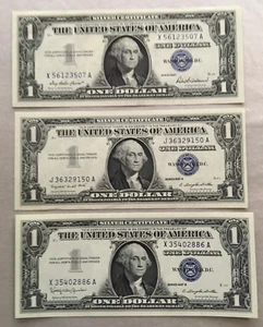 Three $1 SILVER CERTIFICATES COMPLETE SET OF 3 GEM UNCIRCULATED 1957, A & B - Picture 1 of 1