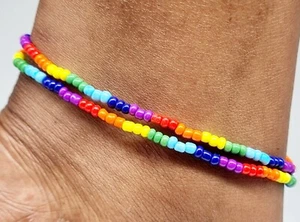 Set of 2 Glass Bead elastic Rainbow ankle bracelet foot anklet 25cm - Picture 1 of 1