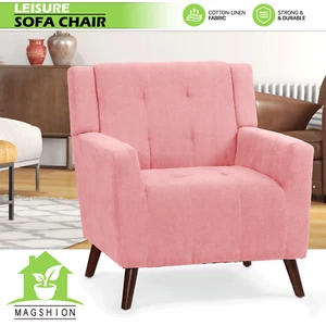 Accent Chair Modern Armchair Living Room Pink Linen Fabric Sofa Chair +Wood Legs - Picture 1 of 10