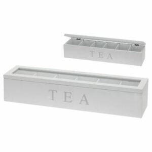 Wooden Tea Box Bag Storage 6 Compartments MDF Glass Lid Hinged Caddy White 43cm