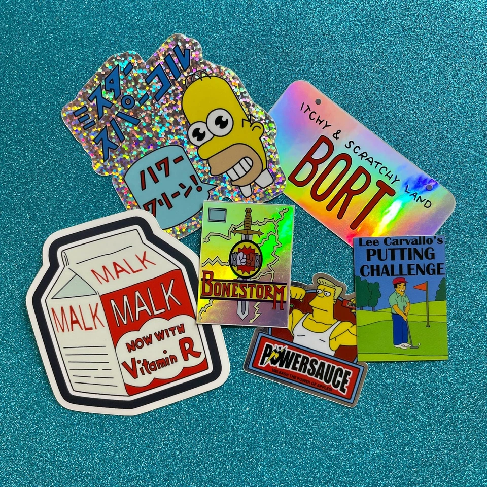 Mr. Sparkle, Bort, Bonestorm, Powersauce ☆ 6 Hologram Prism Simpsons Stickers - Image 1 of 4
