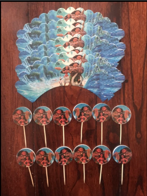 JUEGO DE 24 ADORNOS Y ENVOLTORIOS PARA CUPCAKES DISNEY MOANA SUMINISTROS PARA FIESTA DE CUMPLEAÑOS Foto 1 de 1