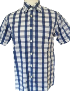 Men's Short Sleeve Check Cotton Shirt Ecru & Blue Sizs: Medium Peter Werth - Picture 1 of 6