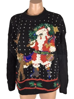 Suéter Vintage Informal Esquina Feo Árbol de Navidad Grueso Santa Campanas Tejido a Mano L Foto 1 de 4