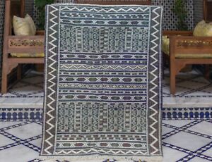 New Arrival - Moroccan Rug - Berber Kilim - Blue Green - Handwoven - 3 x 4