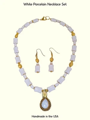 白色复古瓷珠项链-珍珠母项链套装女式 — 第 1/4 张图片