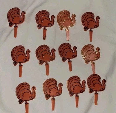 Conjunto de 12*Picaretas de cupcake de peru de plástico vintage*Toppers de bolo*Laranja*Dourado*3" - Imagem 1 de 3