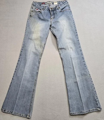 Pantalones de mezclilla Paris Blues para mujer 9 bolsillos cosidos azul lavado claro corte bootcut acampanado Foto 1 de 4