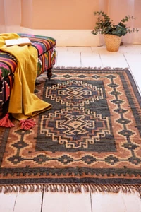 Vintage Kilim Handarbeit Teppich Wolle Jute Rechteck Wohnzimmer Flur Bereich Teppich - Bild 1 von 6