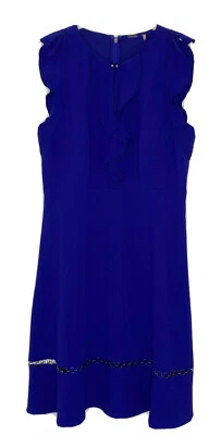 Elie Tahari Blue Chain Inlay Ruffle Front Cap Sleeve Fit And Flare Dress Size 8 - Image 1 of 4