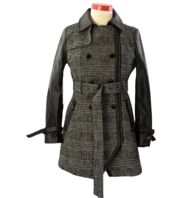 Gabardina Guess a cuadros mezcla de lana para mujer L imitación cuero manga cinturón chaqueta Foto 1 de 4