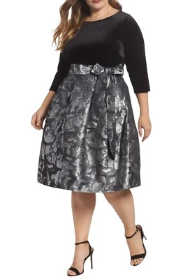 ELIZA J Velvet Brocade Lurex Cocktail Dress Size 14W Black 3/4 Sleeves Belted - Image 1 of 4