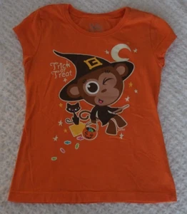 Justice 7 Girls Shirt Halloween Witch Monkey VGUC orange trick or treat s/s - Picture 1 of 3