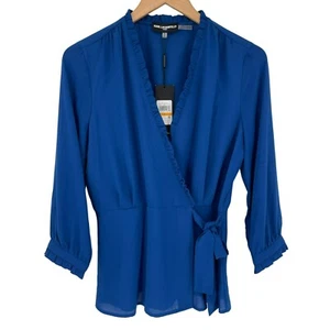 Karl Lagerfeld Paris Blue Floral Ruffle Peplum Wrap Top Women Small NWT - Picture 1 of 13