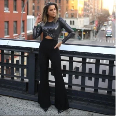 Black Halo Angie Jumpsuit Black Metallic Cutout Combo Long Sleeve Sz 2 - Image 1 of 4