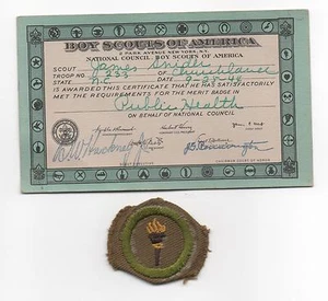 Public Health Merit Badge, Type C Tan Narrow Crimped w/ Issued (1944) Card - Picture 1 of 1