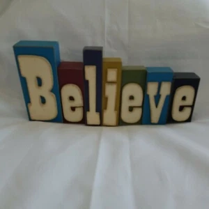 Rustic Wooden BELIEVE Freestanding Decor Multi Color Block Letter Farmhouse - Picture 1 of 7