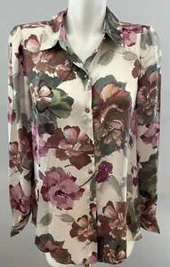 Haver Women Medium Satin Top Blouse Cream Purple Floral Button Down New NWT - Picture 1 of 7