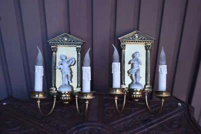 PAR de apliques de pared vintage francés bronce bisque porcelana putti estatuilla luces Foto 1 de 4