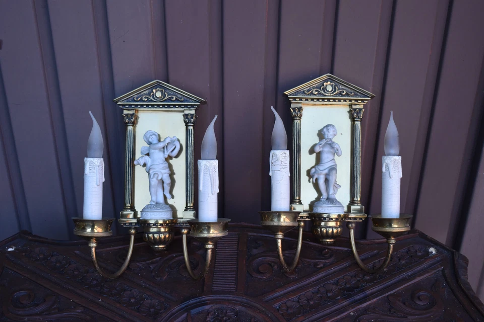 PAR de apliques de pared vintage francés bronce bisque porcelana putti estatuilla luces Foto 1 de 4