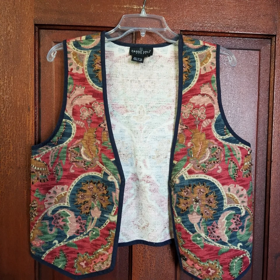 Vintage Carole Little Beaded Tapestry Vest Paisley Women's S 2 Button Front - Image 1 of 4