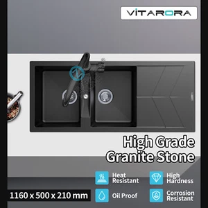 1160x500mm Premium Black Granite Stone Double Bowls Drainer Laundry Kitchen Sink - Picture 1 of 7