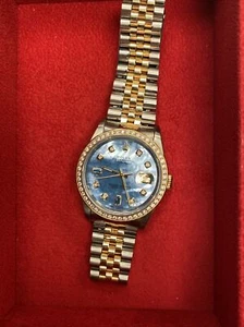 Rolex Men’s Date Just Two Tone Blue Diamond Dial Diamond Bezel 36MM Watch 1991 - Picture 1 of 8