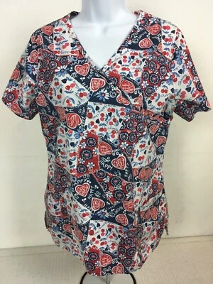 Barco Womens Scrub Top Size S White Blue Red Hearts Cherries Pockets V neck - Image 1 of 4