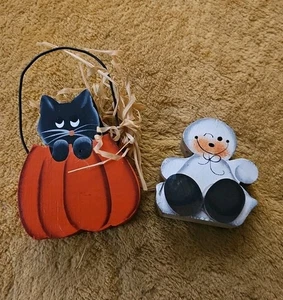 Vintage Halloween Holz bemalt Dekor Set (2l Katze Jack-o-Laterne Geist 3,5" - Bild 1 von 9