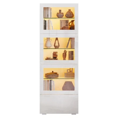 LED Hochglanz Vitrine Standvitrine Schrank Highboard mit 3 Glasboden Schubladen - Bild 1 von 4