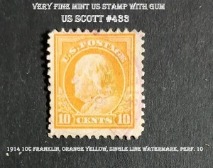 Great VF Mint 1914 10c Franklin, Orange Yellow, Single Line Watermark, Perf. 10 - Picture 1 of 3