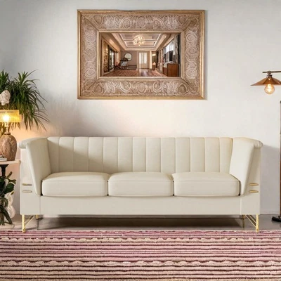 Sofá tapizado moderno de 3 plazas de terciopelo con botones y patas de metal dorado Foto 1 de 4