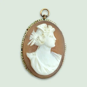 Antique Signed 10k MALE Shell Cameo Pendant Brooch Yellow Gold Seed Pearl - Picture 1 of 18