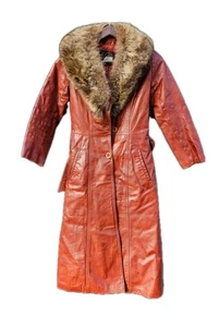 Vintage Leather Attic Women's Red Trench Coat W  Detachable Fur Collar 1970s XS - Picture 1 of 18