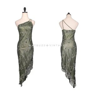 Vintage Scala Prom Dress Midi Maxi Gown M Green Y2K Nymph Fairy Silk Bead Glam - Picture 1 of 15