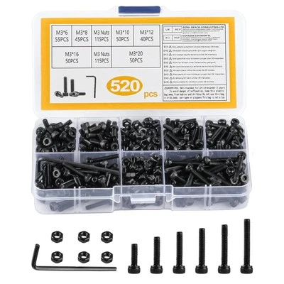 BBTCXJS Black M3 Bolts and Nuts Set, 520 Pcs Nuts and Bolts Assortment, Hex Socket Head