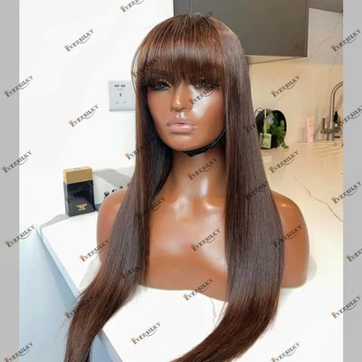 Pelucas delanteras de encaje de cabello humano liso marrón claro con flequillo Peluca de cabello indio Remy Foto 1 de 4
