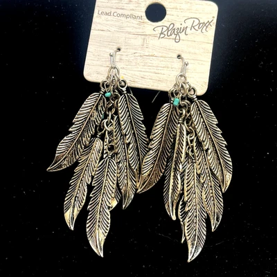 Blazin Roxx Feather Style Silver Tone Drop Dangle Earrings Faux Turquoise Beads - Image 1 of 4