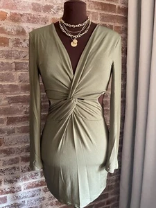 New! Olive Green Mini Dress Stretch Knit Long Sleeve Open Zip Back Deep V-Neck - Picture 1 of 5